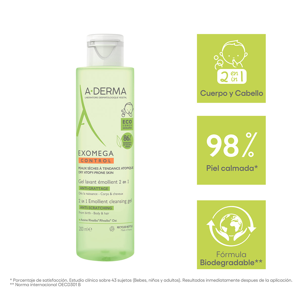 A-Derma - Exomega Gel Para Bebé 2 en 1 - 200 ml.