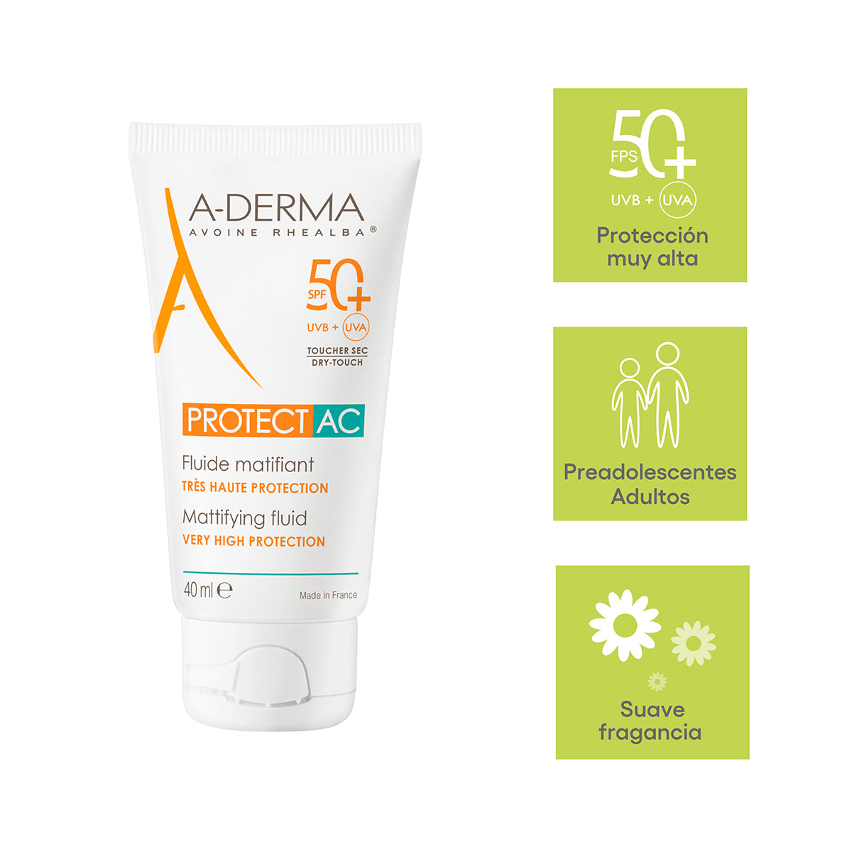 A-Derma - Protect AC 50+ Fluido Matificante – 40 ml.