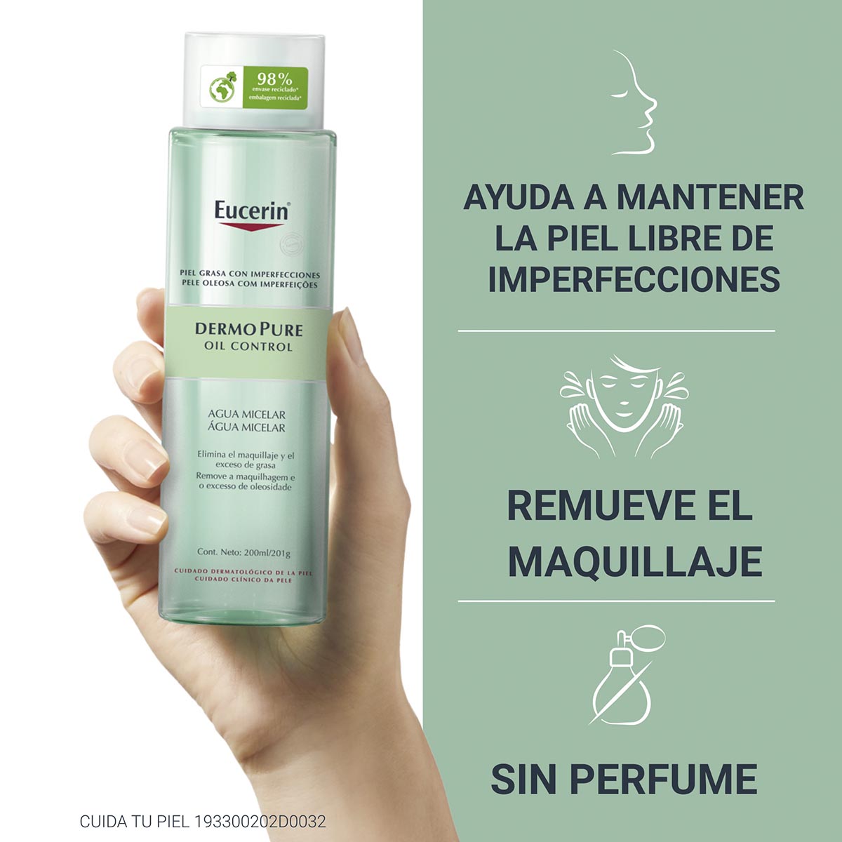 Eucerin - DermoPURE Agua Micelar Facial Piel Grasa y/o con Tendencia Acneica - 200 ml.