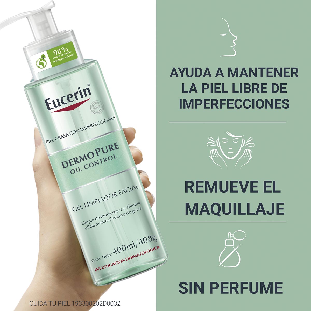 Eucerin - Gel Limpiador Facial Dermopure Piel Grasa y/o con Tendencia Acneica - 400 ml.