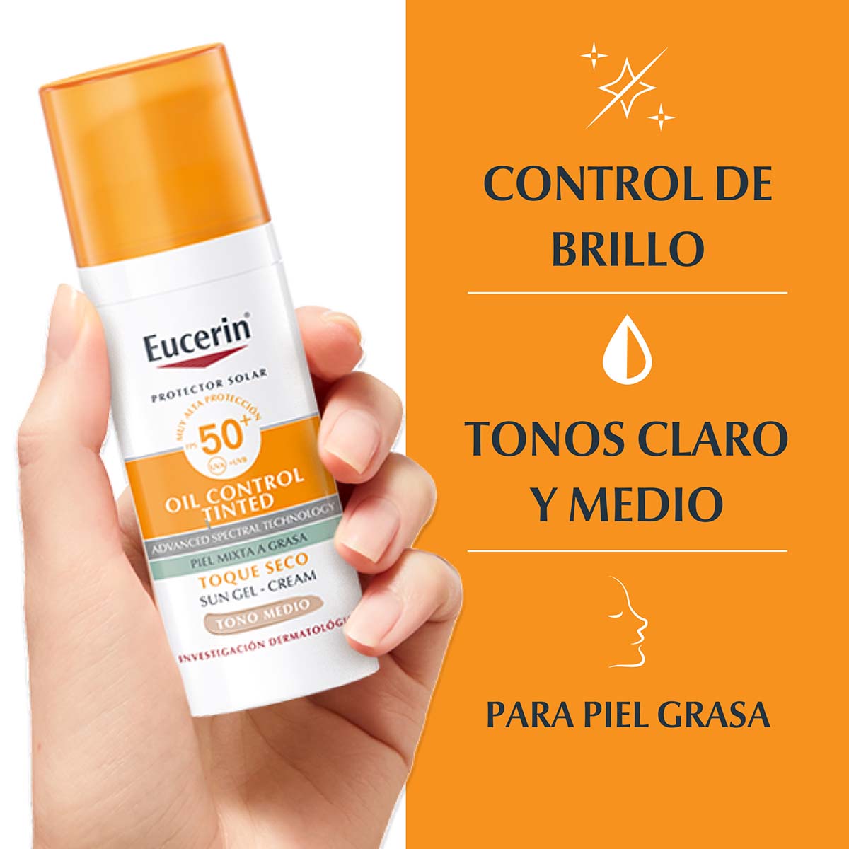 Eucerin - Sun Oil Control Tinted Protector Solar Facial Tono Medio FPS50+ - 50 ml.