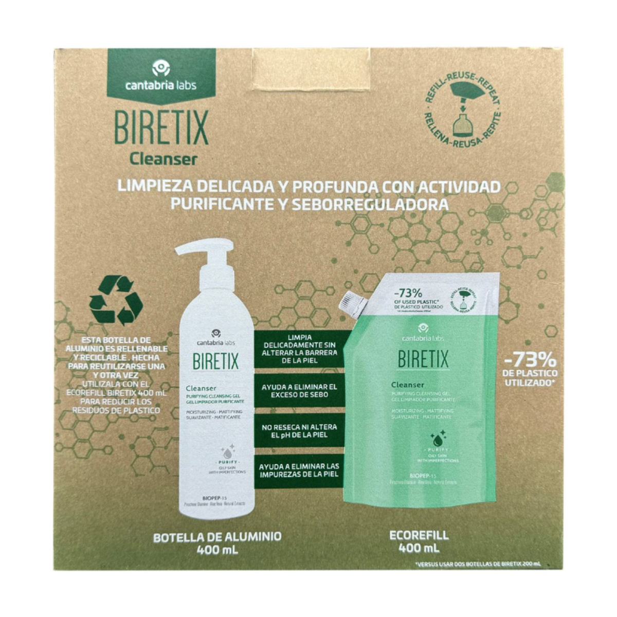 Cantabria Labs - Kit Biretix Cleanser Botella de Aluminio 400 ml + Ecorefill 400 ml.
