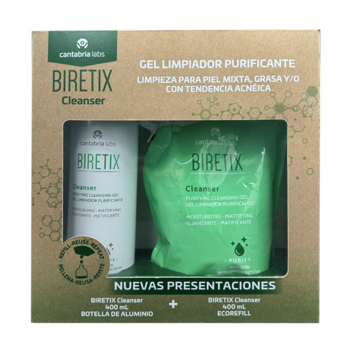 Cantabria Labs - Kit Biretix Cleanser Botella de Aluminio 400 ml + Ecorefill 400 ml.