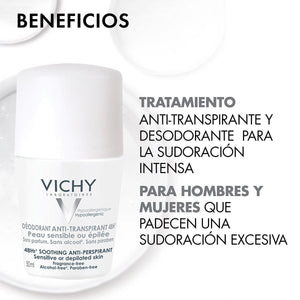 Vichy - Roll On Piel Sensible 48h, Anti-transpirante y desodorante - 50 ml.