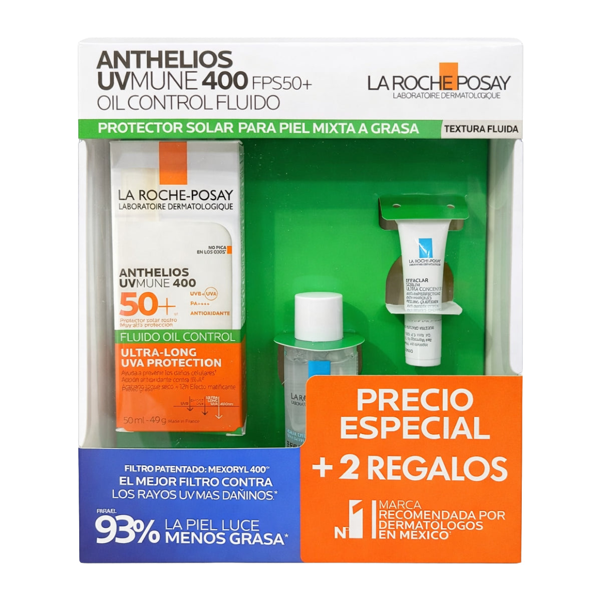 La Roche Posay – Kit Anthelios UVMune 400 FPS50+ Oil Control Fluido + Effaclar Agua Micelar Ultra + Effaclar Sérum Concentrado – 50 + 50 + 3 ml.