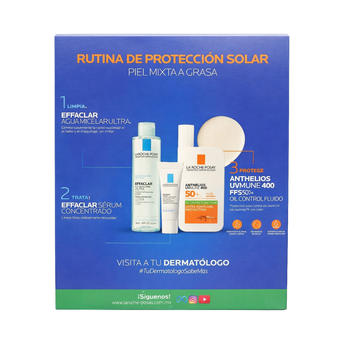 La Roche Posay – Kit Anthelios UVMune 400 FPS50+ Oil Control Fluido + Effaclar Agua Micelar Ultra + Effaclar Sérum Concentrado – 50 + 50 + 3 ml.