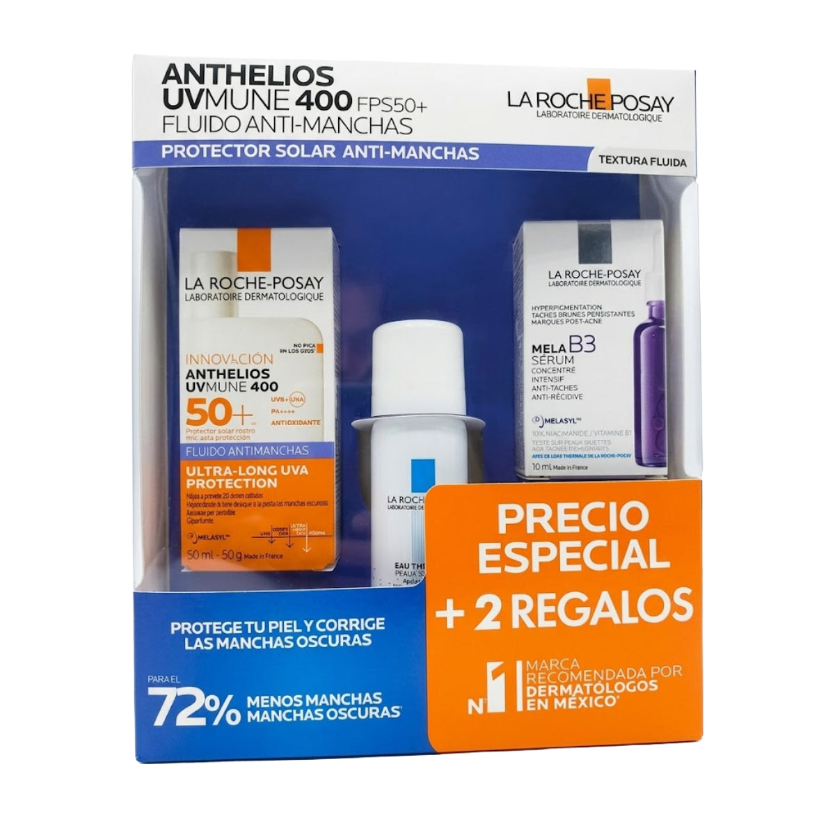 La Roche Posay – Kit Anthelios UVMune 400 FPS50+ Fluido Anti-Manchas + Agua Termal + Mela B3 Sérum – 50 + 50 + 10 ml.