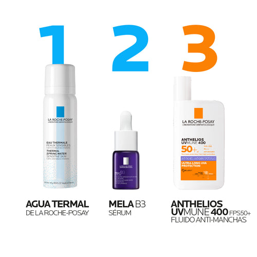 La Roche Posay – Kit Anthelios UVMune 400 FPS50+ Fluido Anti-Manchas + Agua Termal + Mela B3 Sérum – 50 + 50 + 10 ml.