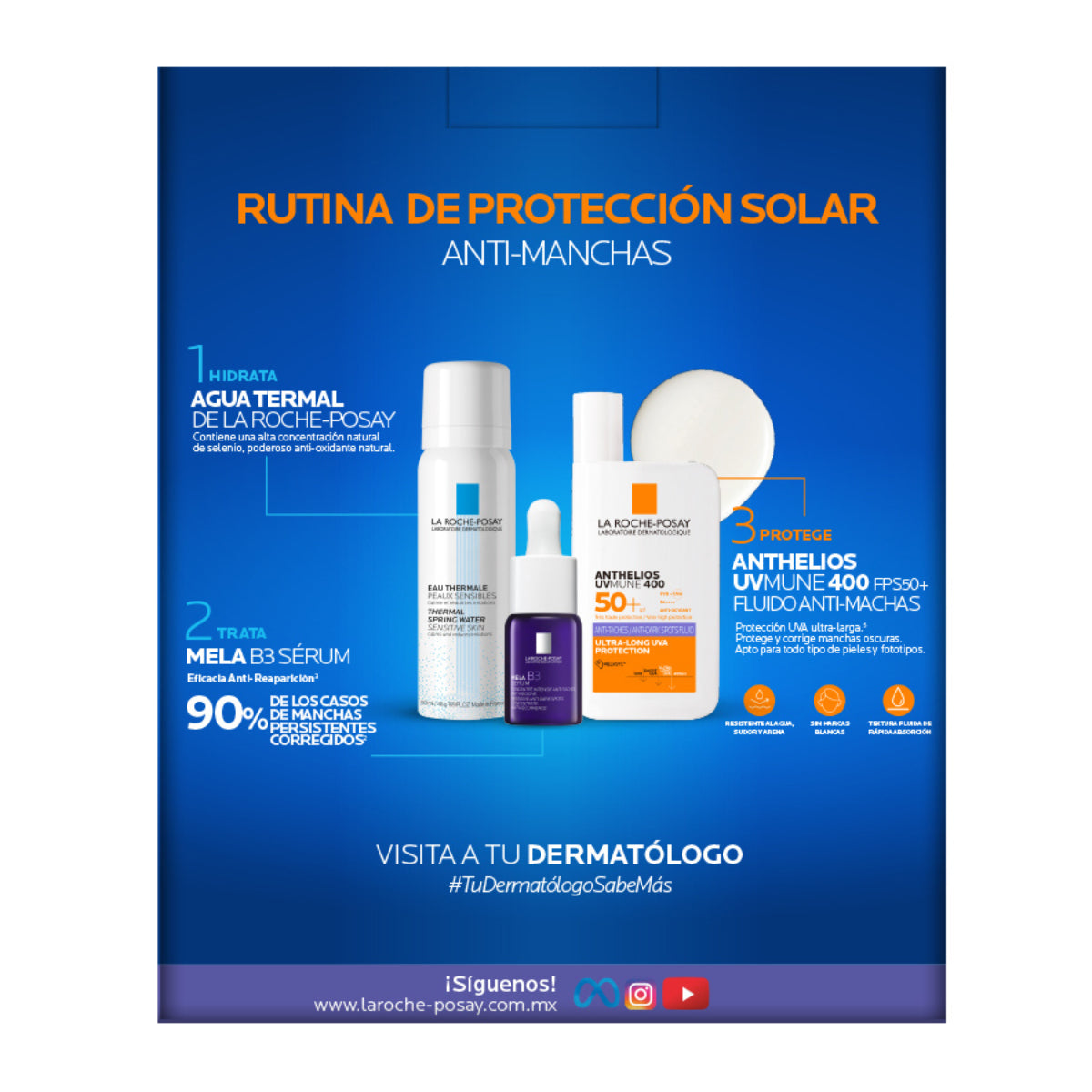 La Roche Posay – Kit Anthelios UVMune 400 FPS50+ Fluido Anti-Manchas + Agua Termal + Mela B3 Sérum – 50 + 50 + 10 ml.