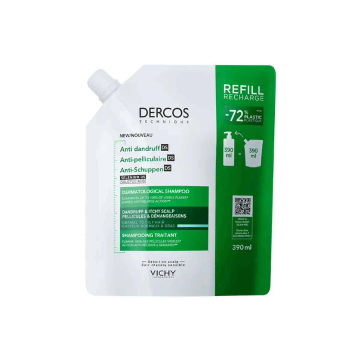 Vichy – Dercos DS Shampoo Anti Caspa Cabello Normal a Graso Refill - 390 ml.