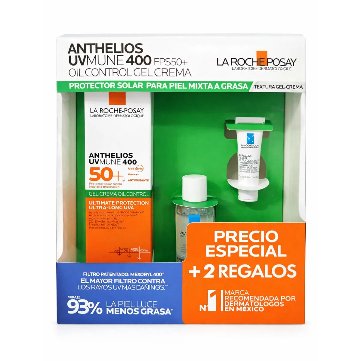 La Roche Posay – Kit Anthelios UVMune 400 FPS50+ Oil Control Gel Crema + Effaclar Agua Micelar Ultra + Effaclar Sérum Concentrado – 50 + 50 + 3 ml.