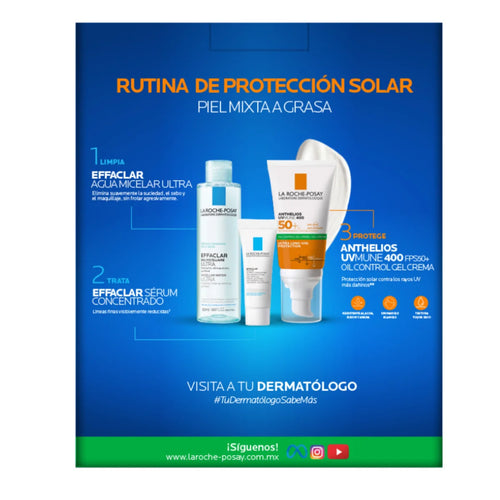La Roche Posay – Kit Anthelios UVMune 400 FPS50+ Oil Control Gel Crema + Effaclar Agua Micelar Ultra + Effaclar Sérum Concentrado – 50 + 50 + 3 ml.