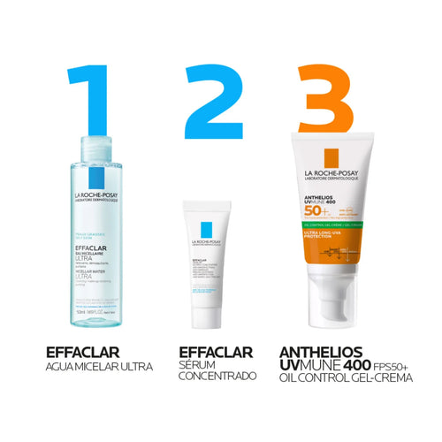 La Roche Posay – Kit Anthelios UVMune 400 FPS50+ Oil Control Gel Crema + Effaclar Agua Micelar Ultra + Effaclar Sérum Concentrado – 50 + 50 + 3 ml.
