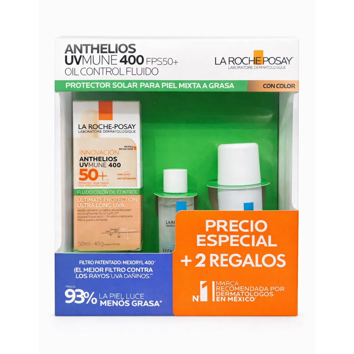 La Roche Posay – Kit Anthelios UVMune 400 FPS50+ Oil Control Fluido Con Color + Effaclar Agua Micelar Ultra + Agua Termal – 50 + 50 + 50 ml.
