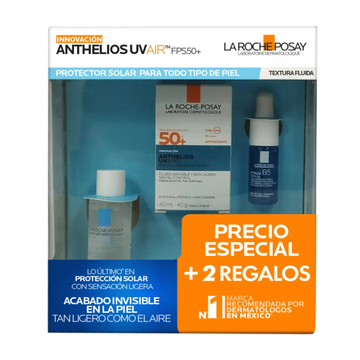 La Roche Posay – Kit Anthelios UVAir FPS50+ Protección Solar Diaria + Effaclar Agua Micelar Ultra + Hyalu B5 Sérum – 40 + 50 + 10 ml.