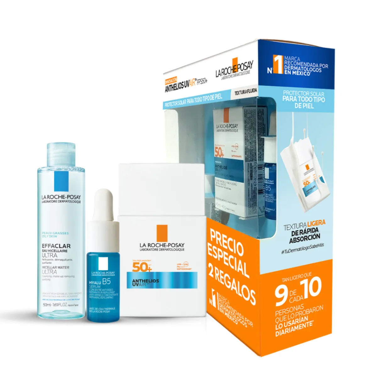 La Roche Posay – Kit Anthelios UVAir FPS50+ Protección Solar Diaria + Effaclar Agua Micelar Ultra + Hyalu B5 Sérum – 40 + 50 + 10 ml.