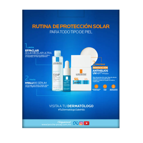 La Roche Posay – Kit Anthelios UVAir FPS50+ Protección Solar Diaria + Effaclar Agua Micelar Ultra + Hyalu B5 Sérum – 40 + 50 + 10 ml.