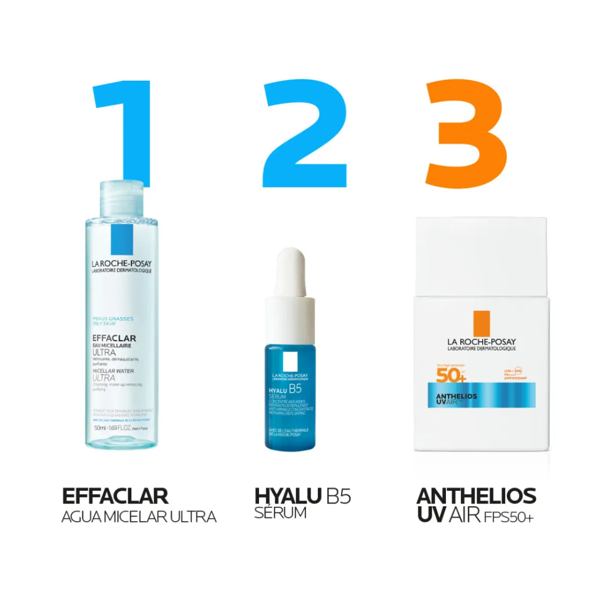 La Roche Posay – Kit Anthelios UVAir FPS50+ Protección Solar Diaria + Effaclar Agua Micelar Ultra + Hyalu B5 Sérum – 40 + 50 + 10 ml.