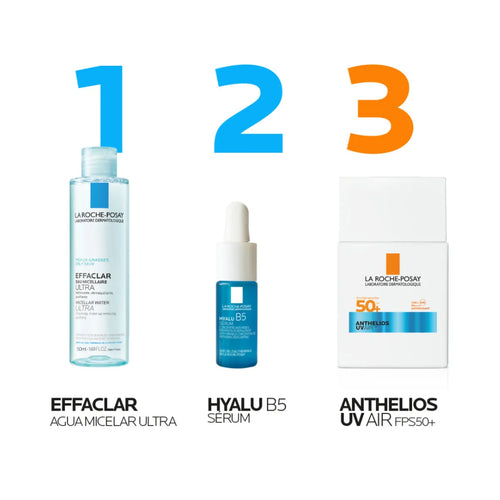 La Roche Posay – Kit Anthelios UVAir FPS50+ Protección Solar Diaria + Effaclar Agua Micelar Ultra + Hyalu B5 Sérum – 40 + 50 + 10 ml.