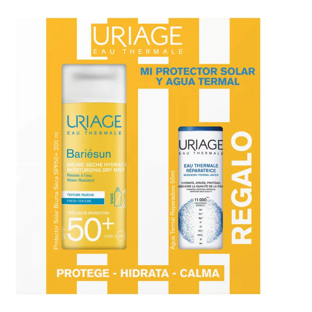 Uriage – Kit Bariésun Bruma Seca SPF50+ + Agua Termal Reparadora – 200 + 50 ml.