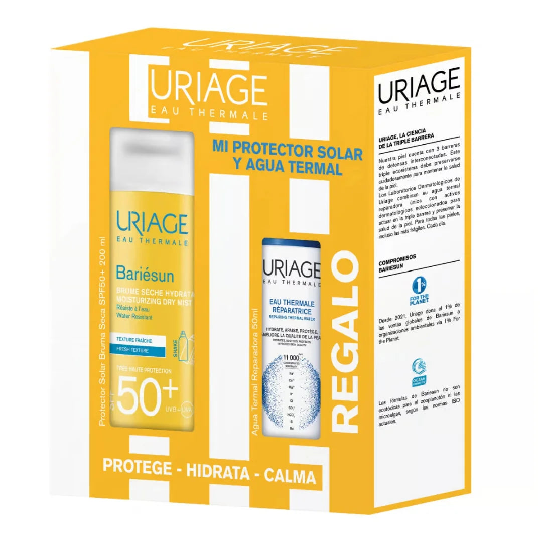 Uriage – Kit Bariésun Bruma Seca SPF50+ + Agua Termal Reparadora – 200 + 50 ml.