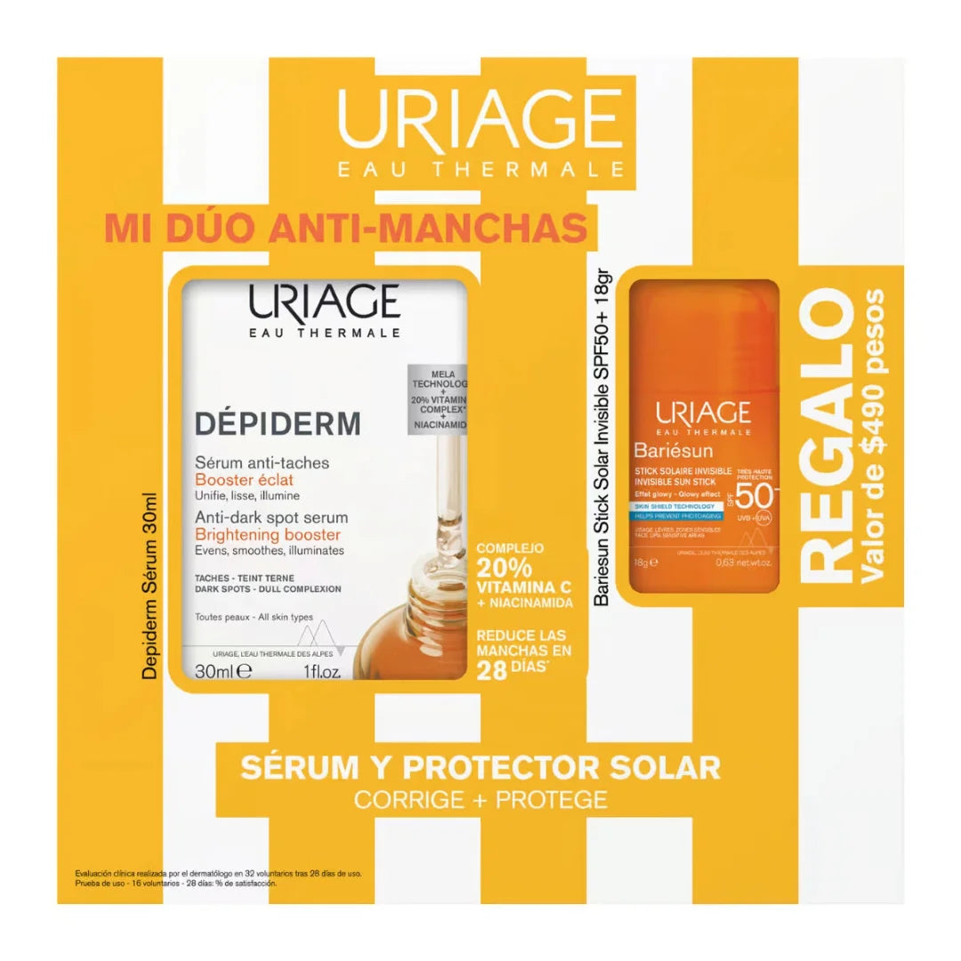 Uriage – Kit Dépiderm Sérum Booster Iluminador Anti-Manchas + Bariésun Stick Solar Invisible SPF50+ – 30 ml. + 18 gr.