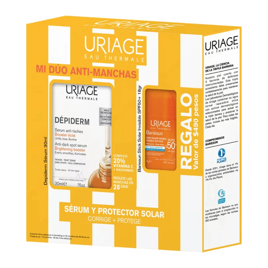 Uriage – Kit Dépiderm Sérum Booster Iluminador Anti-Manchas + Bariésun Stick Solar Invisible SPF50+ – 30 ml. + 18 gr.