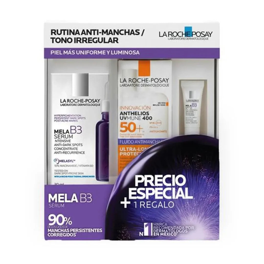 La Roche Posay – Kit MelaB3 Suero Concentrado Antimanchas + Anthelios UVMune 400 SPF50+ Fluido Antimanchas + Mela B3 Crema SPF30 – 30 + 50 + 3 ml.