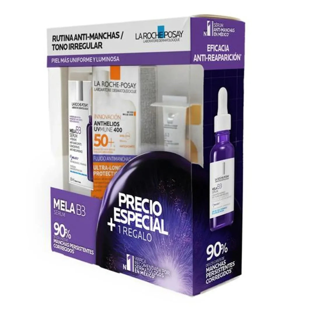 La Roche Posay – Kit MelaB3 Suero Concentrado Antimanchas + Anthelios UVMune 400 SPF50+ Fluido Antimanchas + Mela B3 Crema SPF30 – 30 + 50 + 3 ml.